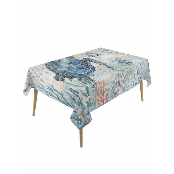 Coastal Turtle Table Cloth, Rustic Nautical Starfish Conch Coral Wood Waterproof Tablecloth for Rectangle Tables, Reusable Washable Fabric Table Cover for Restaurant Kitchen Dining Tables 54"x108"