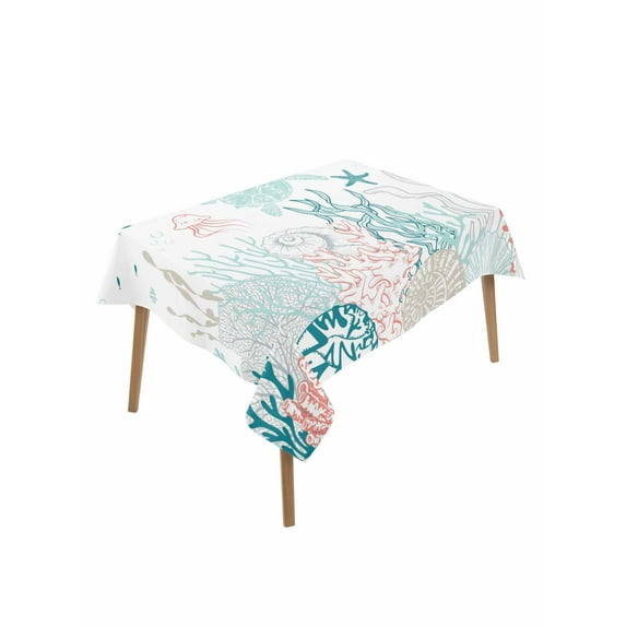 Coastal Turtle Table Cloth, Teal Green Ocean Coral Starfish Jellyfish Waterproof Tablecloth for Rectangle Tables, Reusable Washable Fabric Table Cover for Restaurant Kitchen Dining Tables 60"x102"