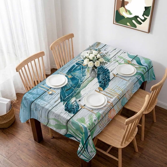 Coastal Turtle Table Cloth Waterproof Tablecloths, Nautical Ocean Shells Seaweeds Starfish Tablecloth Dining Table Cover for Kitchen Party Tabletop Outdoor, Rectangle Tablecloth 60x102 Inch