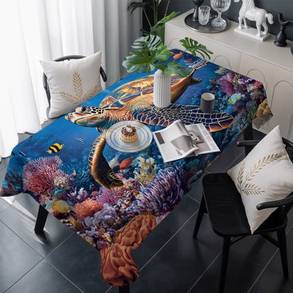 Coastal Turtle Table Cloth Waterproof Tablecloths, Turquoise Coral Tropical Ocean Animal Fish Tablecloth Dining Table Cover for Kitchen Party Tabletop Outdoor, Rectangle Tablecloth 60x120 Inch