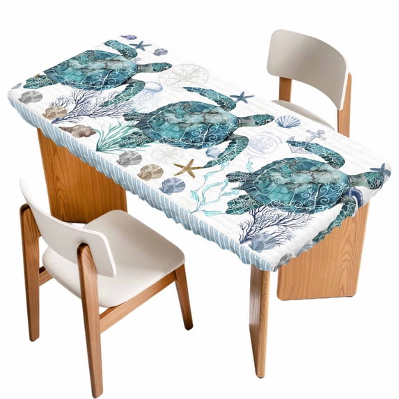 Coastal Turtle Table Cloths for 4 Foot Rectangle Tables, Nautical Starfish Coral Jellyfish Stripes Patio Waterproof Elastic Fitted Tablecloths, Washable Rectangular Table Cover for Camping