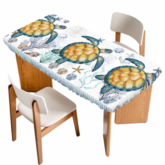 Coastal Turtle Table Cloths for 5 Foot Rectangle Tables, Ocean Nautical Starfish Conch Seashells Patio Waterproof Elastic Fitted Tablecloths, Washable Rectangular Table Cover for Camping