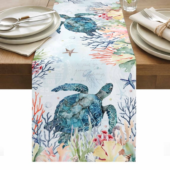 Coastal Turtle Table Runner - 108 Inch Long, Kitchen Dining Table Runner Dresser Scarves, Nautical Ocean Coral Jellyfish Seashells Farmhouse Decor for Coffee Tables Wedding Party Banquet