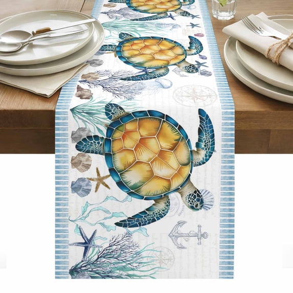 Coastal Turtle Table Runner - 108 Inch Long, Kitchen Dining Table Runner Dresser Scarves, Ocean Nautical Starfish Conch Seashells Farmhouse Decor for Coffee Tables Wedding Party Banquet