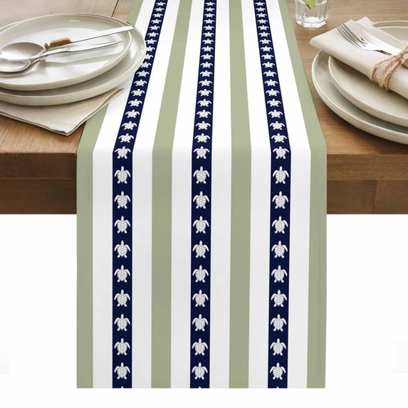 Coastal Turtle Table Runner - 120 Inch Long, Kitchen Dining Table Runner Dresser Scarves, Sage Green Stripe Navy White Ocean Farmhouse Decor for Coffee Tables Wedding Party Banquet