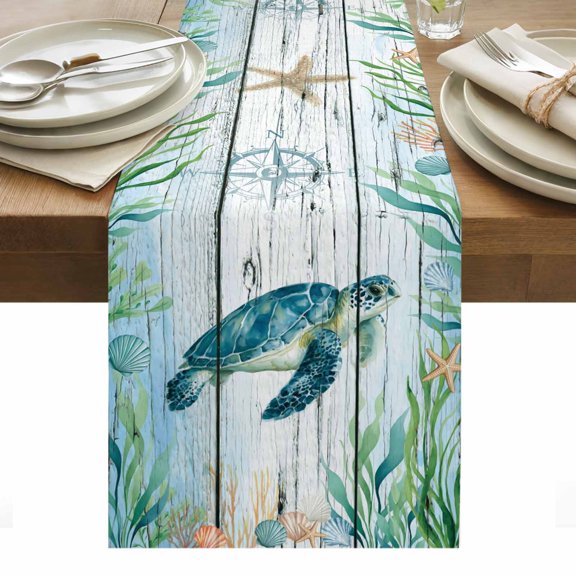 Coastal Turtle Table Runner - 36 Inch Long, Kitchen Dining Table Runner Dresser Scarves, Nautical Ocean Shells Seaweeds Starfish Farmhouse Decor for Coffee Tables Wedding Party Banquet
