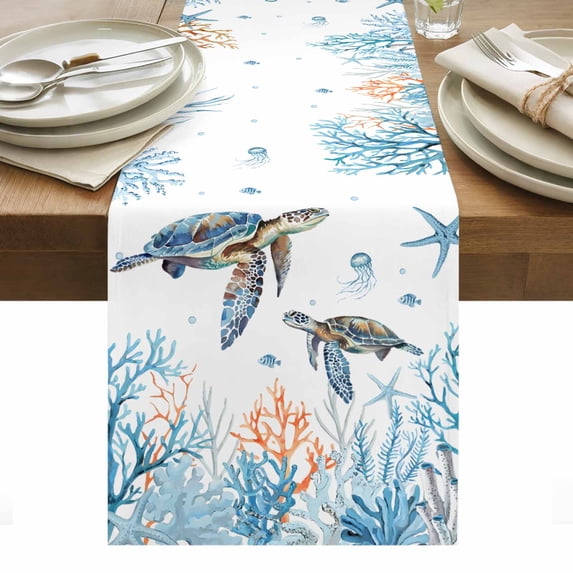 Coastal Turtle Table Runner - 48 Inch Long, Kitchen Dining Table Runner Dresser Scarves, Blue Ocean Coral Starfish Seagrass Farmhouse Decor for Coffee Tables Wedding Party Banquet