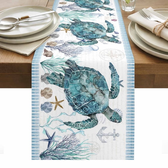 Coastal Turtle Table Runner - 48 Inch Long, Kitchen Dining Table Runner Dresser Scarves, Nautical Starfish Coral Jellyfish Stripes Farmhouse Decor for Coffee Tables Wedding Party Banquet