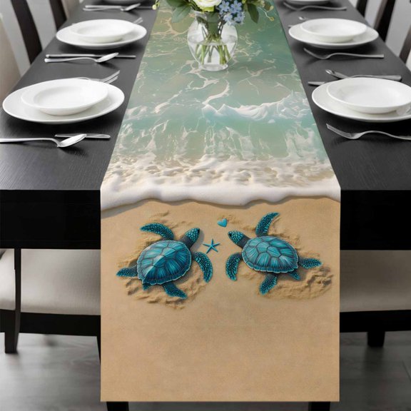 Coastal Turtle Table Runner 48 Inches Long, Summer Beach Nautical Ocean Waves Kitchen Coffee Dining Table Decoration for Home Party Birthday Wedding Home Decor 13x48 Inches