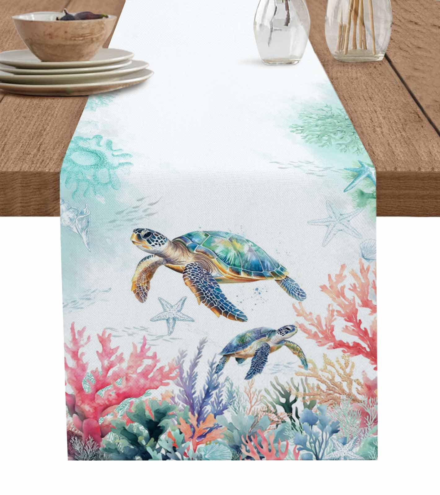 Runner Seashell Coastal Turtle Table Runner 60 Inches, Nautical Ocean Coral Starfish ...