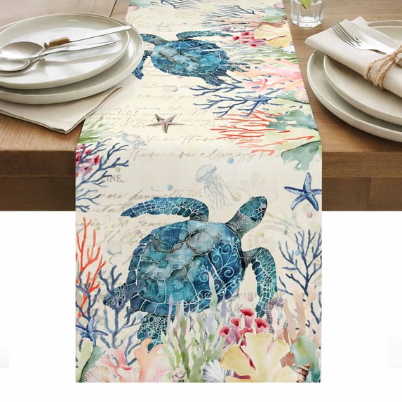Coastal Turtle Table Runner - 70 Inch Long, Kitchen Dining Table Runner Dresser Scarves, Farmhouse Nautical Coral Jellyfish Starfish Farmhouse Decor for Coffee Tables Wedding Party Banquet