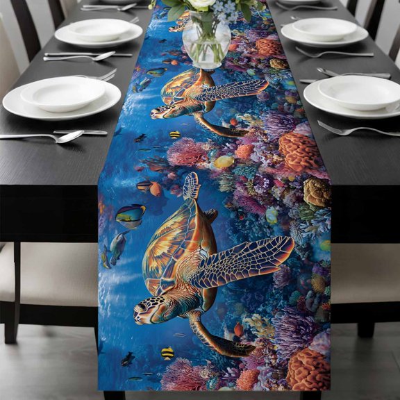 Coastal Turtle Table Runner 72 Inches Long, Turquoise Coral Tropical Ocean Animal Fish Kitchen Coffee Dining Table Decoration for Home Party Birthday Wedding Home Decor 18x72 Inches
