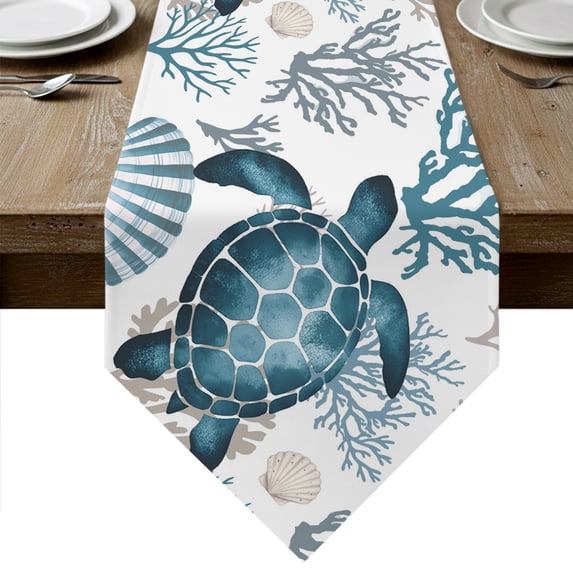 Coastal Turtle Table Runner Linen Burlap Table Runner 60 Inches Long ...