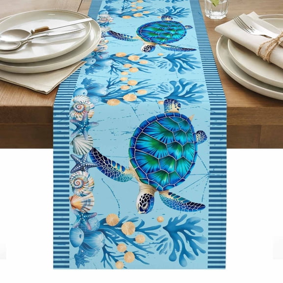 Coastal Turtle Table Runner Nautical Coral Starfish Conch Seashells Tablerunners 13 x 36 Inch, Table Decorations Tabletop Scarf for Summer Gathering Holiday Farmhouse Kitchen Dining Decor