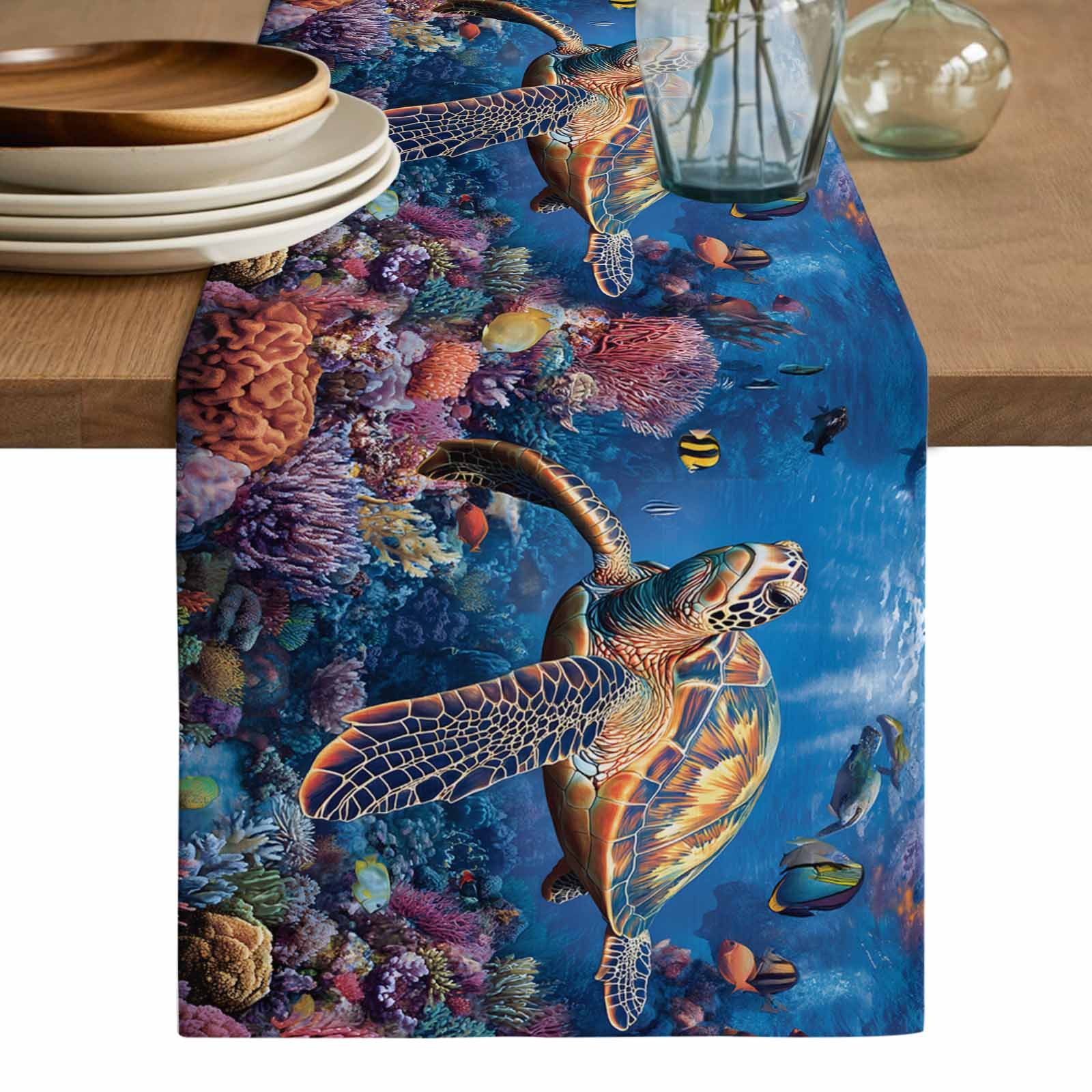 Coastal Turtle Table Runner, Turquoise Coral Tropical Ocean Animal Fish ...