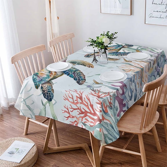 Coastal Turtle Tablecloth Rectangle Table Cloth 60x102 , Waterproof Tablecloth Outdoor Table Cloth, Ocean Starfish Coral Nautical Octopus Washable Table Cover for Kitchen Dining Party