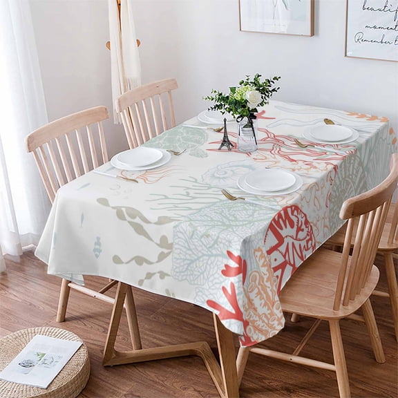 Coastal Turtle Tablecloth Rectangle Table Cloth 60x84 , Waterproof Tablecloth Outdoor Table Cloth, Orange Red Coral Green Jellyfish Starfish Washable Table Cover for Kitchen Dining Party