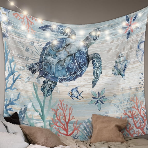 Coastal Turtle Tapestry for Bedroom Wall Hanging Tapestry, Rustic Nautical Starfish Conch Coral Wood Ceiling Backdrop Tapestries Poster Blanket Wall Decor for Teens Room Living Room Dorm 59" x 79"