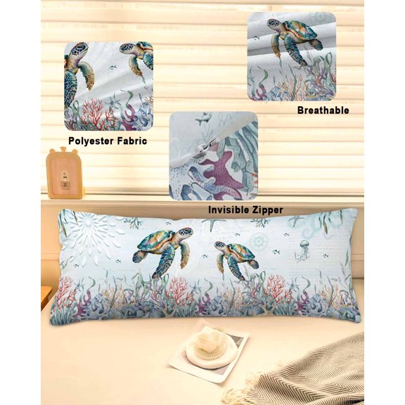 Coastal Turtle Throw Pillow Covers, Ocean Starfish Coral Nautical Octopus Soft Breathable Pillow Cases with Invisible Zipper for Sleeping, Long Body Pillowcases for Couch Bed Sofa Chair 20x60 Inches