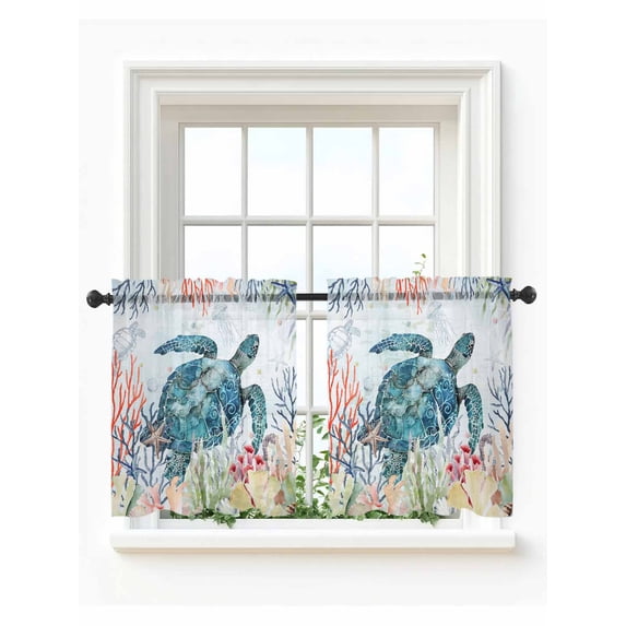 Coastal Turtle Tier Curtains 36 Inch Length,Sheer Curtains for Bedroom Living Room Window Nautical Ocean Coral Jellyfish Seashells Small Half Window Kitchen Curtains & Drapes 27.5"x36" 2 Panels