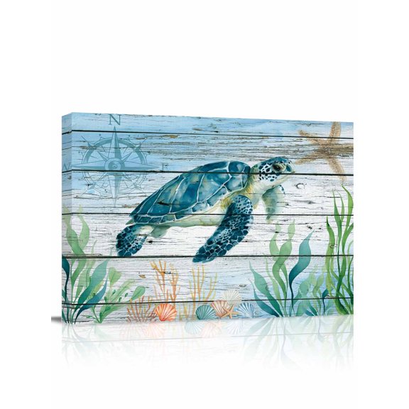Coastal Turtle Wall Art for Living Room,Canvas Picture Wall Decor for Bathroom Bedroom,Nautical Ocean Shells Seaweeds Starfish Painting Artwork for Office Kitchen Hallway Dining Room Decor 12"x16"