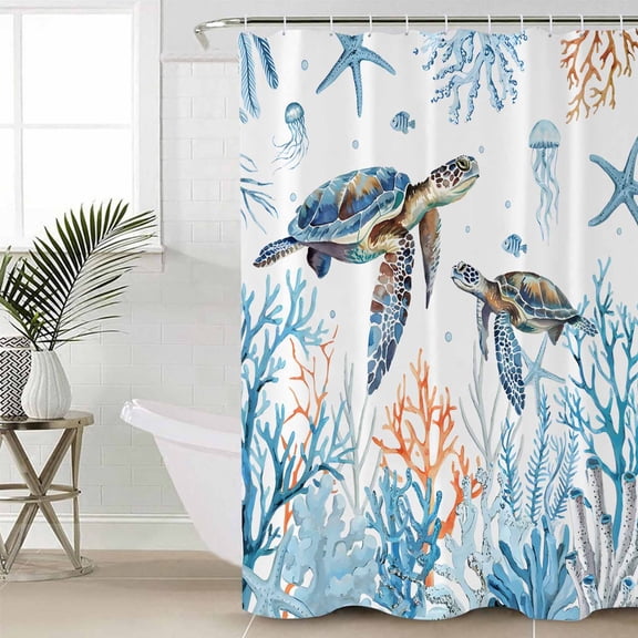 Coastal Turtle Waterproof Fabric Shower Curtain, Blue Ocean Coral Starfish Seagrass Shower Curtain for Bathroom Curtains Bathtubs Hotel Washable Shower Curtains with 12 Hooks Extra Long 72x96