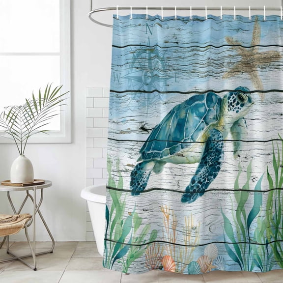 Coastal Turtle Waterproof Fabric Shower Curtain,Nautical Ocean Shells Seaweeds Starfish Waterproof Fabric Shower Curtain for Bathroom Curtains Bathtubs Shower Curtains with 12 Hooks Long 72x78in