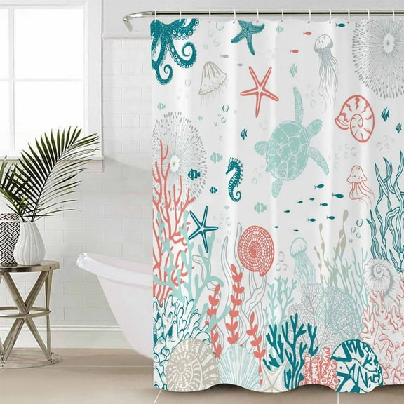 Coastal Turtle Waterproof Fabric Shower Curtain, Teal Green Ocean Coral Starfish Jellyfish Shower Curtain for Bathroom Curtains Bathtubs Hotel Washable Shower Curtains with 12 Hooks Small 36x72in