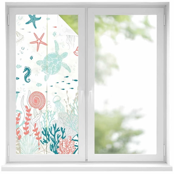 Coastal Turtle Window Privacy Film, Teal Green Ocean Coral Starfish Jellyfish Static Cling UV Sun Blocking Heat Control Window Tint, Non-Adhesive One Way Windows Privacy Cover 19.6''x39.3''