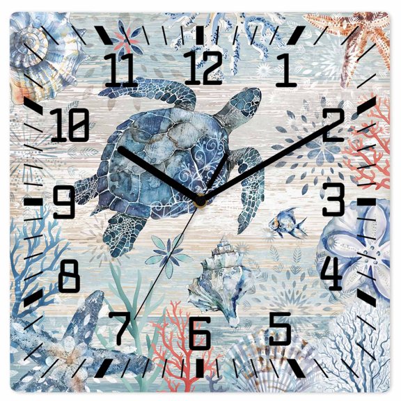 Coastal Turtle Wooden Wall Clock Silent Non Ticking, Rustic Nautical Starfish Conch Coral Wood Square Wall Clocks Battery Operated, Decor Clock for Home Office, Living Room, Kitchen, 10 Inch
