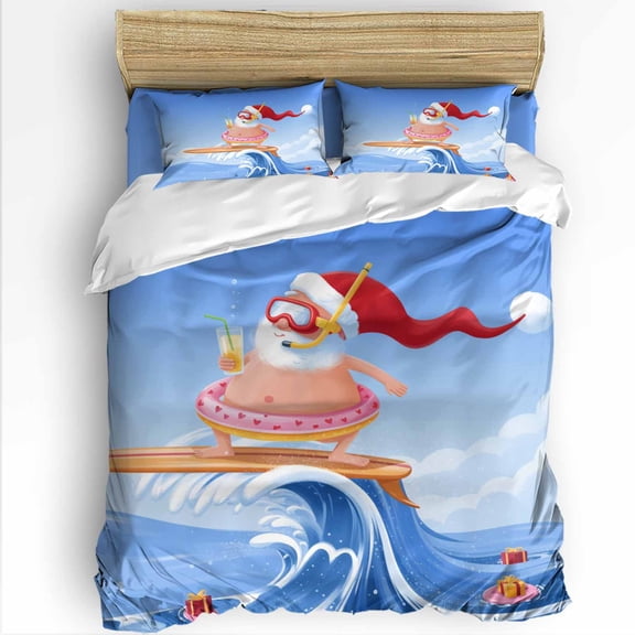 Coastal Twin Size Comforter Set, Abstract Beach Santa Claus Is Surfing on Ocean Bedding for All Seasons, 4 Pcs Bed Set with 1 Comforter (68"x86") ,1Sheet(66"x116"), 2 Pillowcases (19"x29")