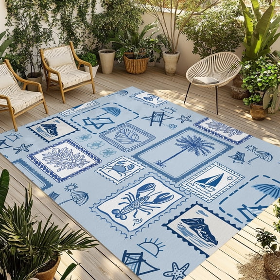 Coastal Vacation Outdoor Rug 3x5 ft Blue White Summer Coconut Trees Lobster Plaid Non Slip Patio Rug Washable Absorbent Large Outdoor Carpet Outside Mat for Porch RV Garden Camping