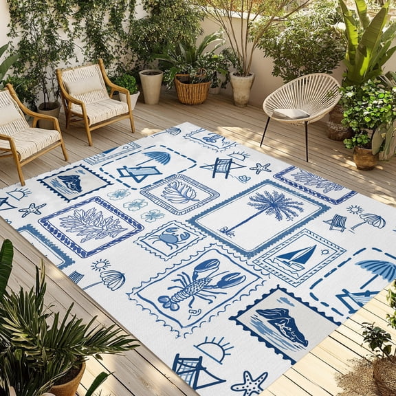 Coastal Vacation Outdoor Rug 3x5 ft White Summer Coconut Trees Lobster Plaid Non Slip Patio Rug Washable Absorbent Large Outdoor Carpet Outside Mat for Porch RV Garden Camping