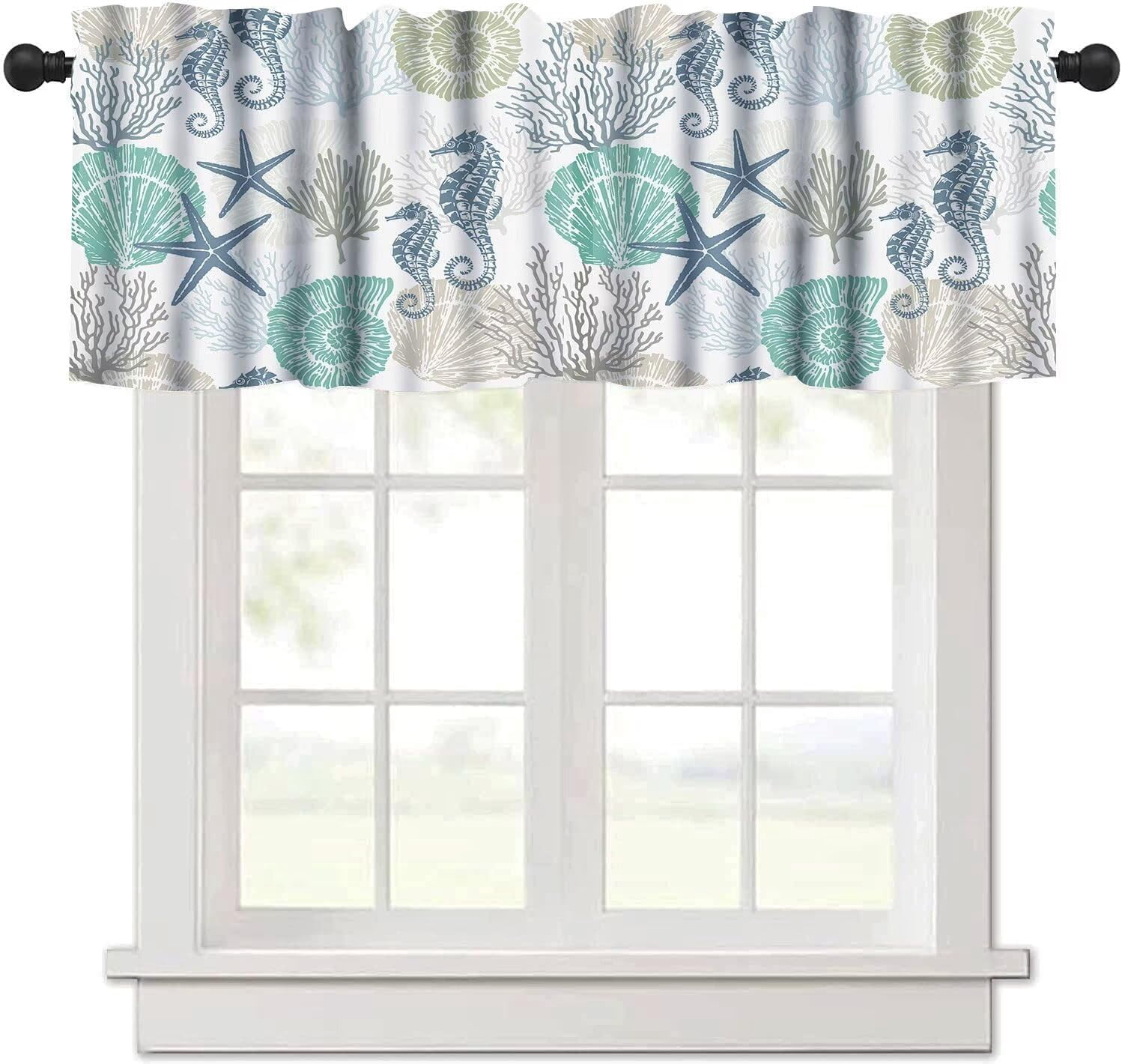 Coastal Valance Curtains for Windows,Beach Blue Teal Coral Kitchen ...