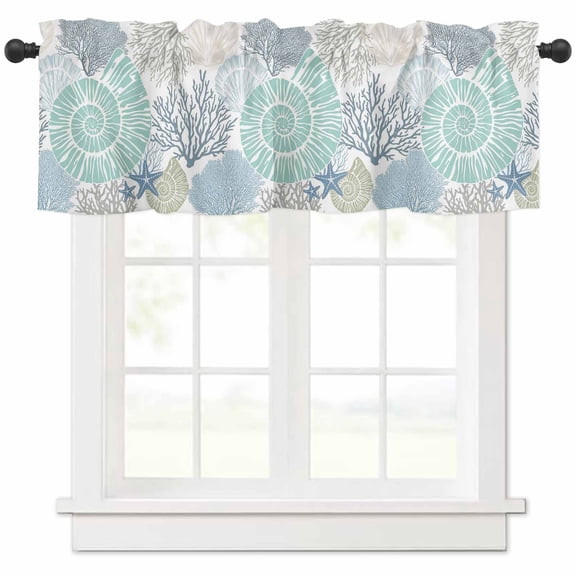 Coastal Valances for Windows Farmhouse Kitchen Curtains Valances Rod Pocket Valance Curtains for Kitchen Windows Blue Starfish Teal Green Conch Ocean Coral Window Valances for Bathroom 42"x18"