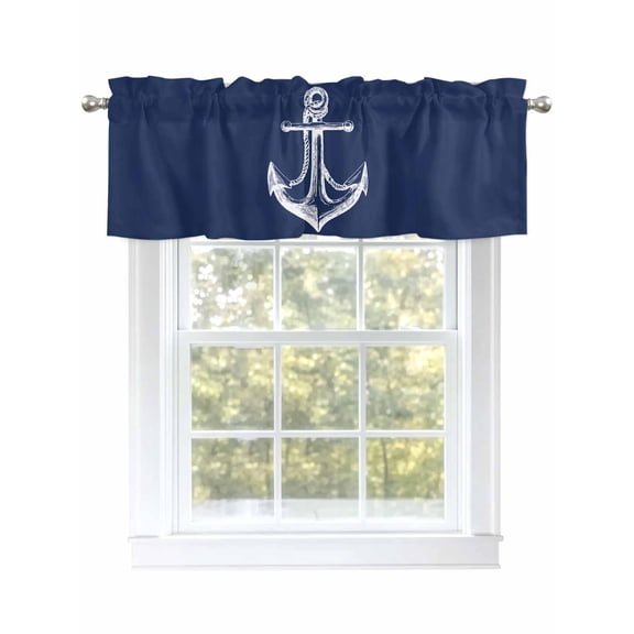 Coastal Valances for Windows Illustration Anchor Rope Navy Blue Kitchen Valance Curtain Rod Pocket Small Curtains for Cafe Bathroom Laundry Basement 54" x 18"
