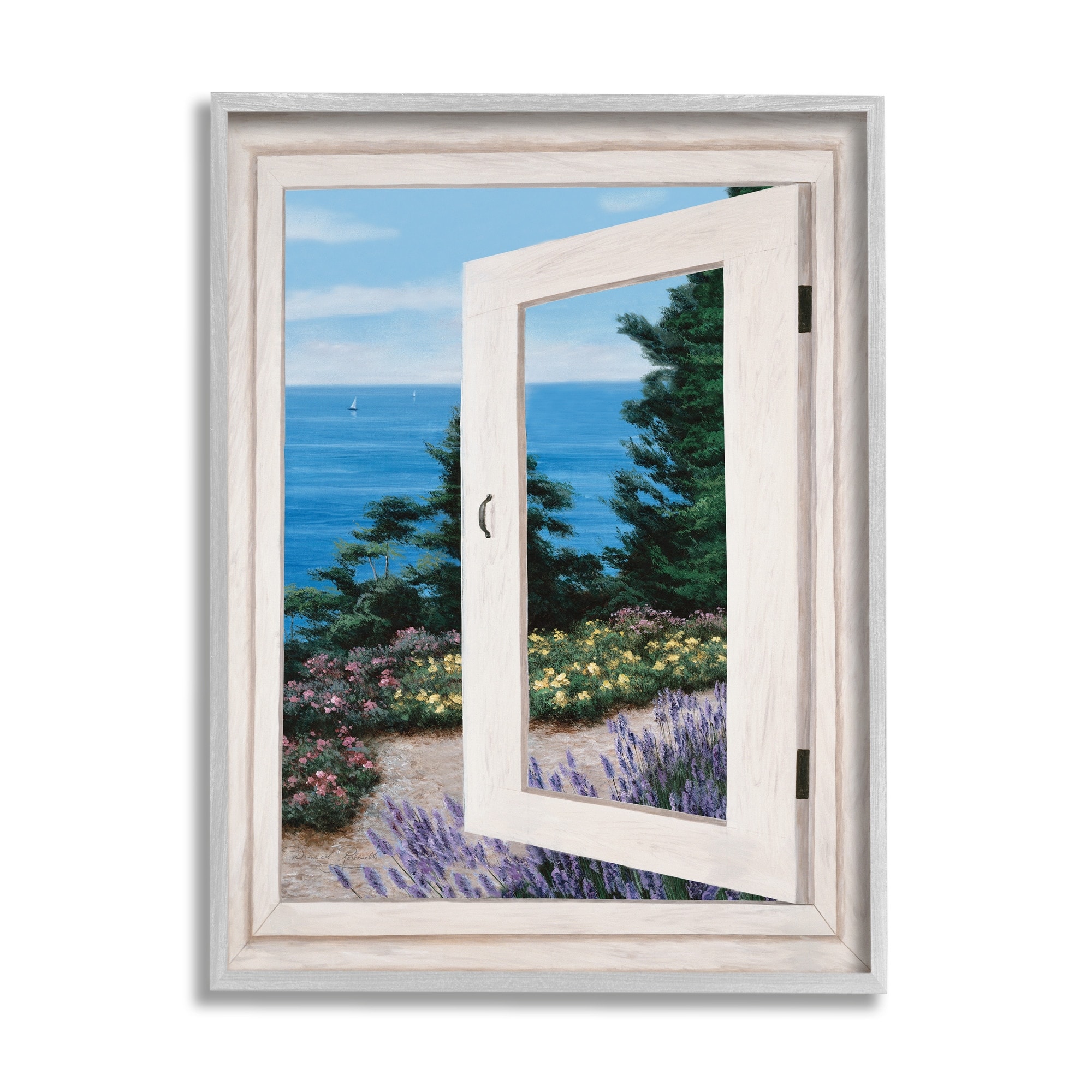 Coastal View From Window Distant Boats On Ocean 11 in x 14 in Framed Painting Art Prints, by Stupell Home Décor