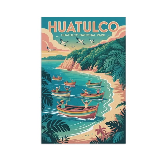 Coastal View Poster Huatulco National Park Mexico Vintage Travel Wall Art Retro Tropical Seaside Canvas Poster