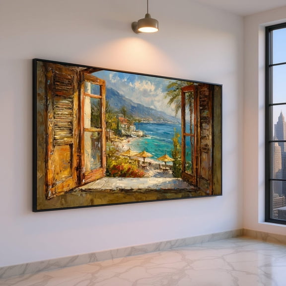 Coastal View Through Rustic Window Mediterranean Beach Scene Wall Art Seaside Summer Vacation Decor Ready To
