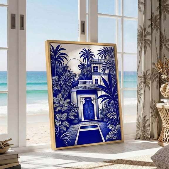Coastal Villa Print Tropical House Wall Art Blue White Beach Decor, Unframed Paper Print