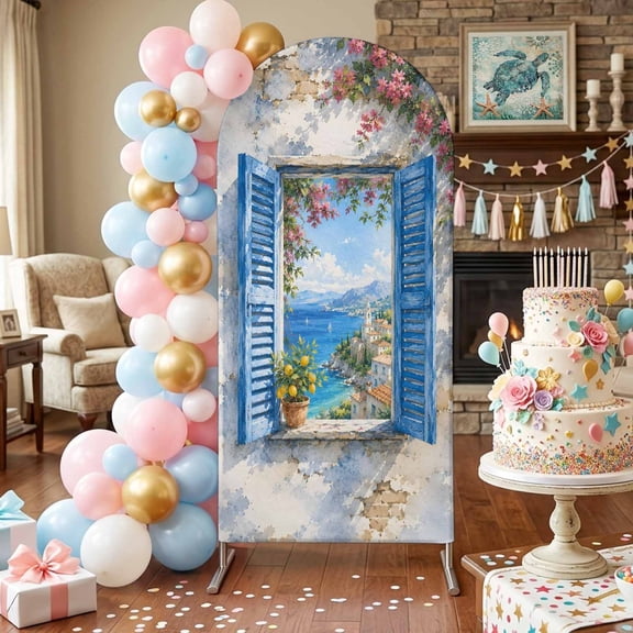 Coastal Village Arch Backdrop Covers 4 FT, Blue Open Window Lemon Floral Vines Landscape Stretchy Fitted Arched Stand Covers Party Arch Stand Cover Photo Booth for Wedding Birthday Decor