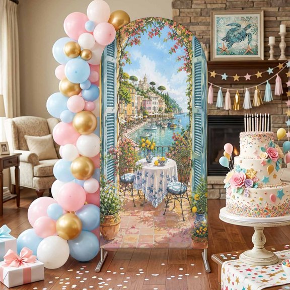 Coastal Village Arch Backdrop Covers 4 FT, Rustic Open Window Balcony Table Lemon Landscape Stretchy Fitted Arched Stand Covers Party Arch Stand Cover Photo Booth for Wedding Birthday Decor