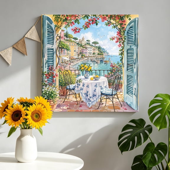 Coastal Village Canvas Wall Art, Rustic Open Window Balcony Table Lemon Landscape Framed Picture Canvas Wall Art Print Decor Artwork Decorations for Living Room Bedroom Ready to Hang 12" x 12"