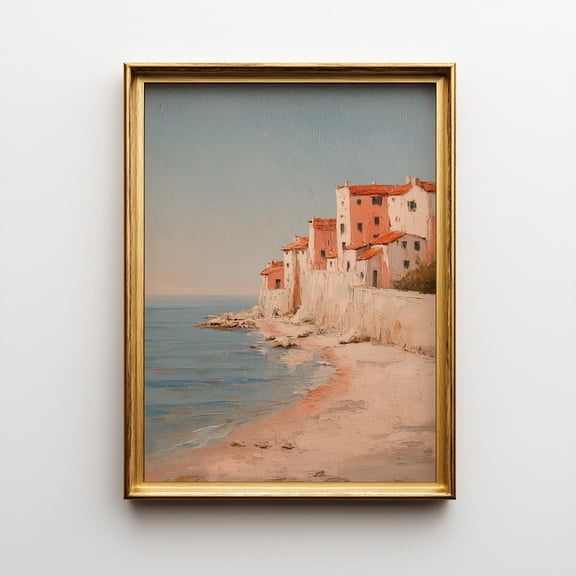Coastal Village Cliffside Art Print: Rustic Seaside Landscape () Unframed Paper Print