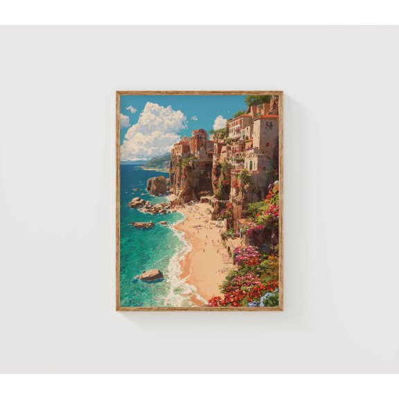 Coastal Village Coastal Village Modern Mediterranean Vintage Seaside Town Portrait Travel Wall Art Unframed Paper Print