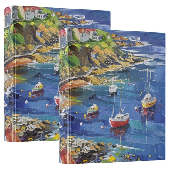 Coastal Village Houses 3 Ring Binders 1.5 inch Hardcover File Folders with Interior Pockets A4 Size Organizer for School Office Hospital