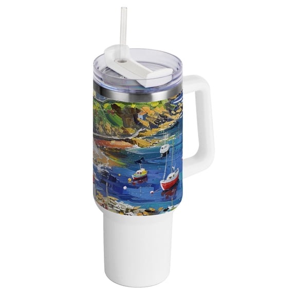 Coastal Village Houses 40 oz Tumbler with Handle Insulated&nbsp;Travel Mug&nbsp;Lid Straw Leak Proof Steel Vacuum Water Bottles Glasses Fits in Car Cup Holder