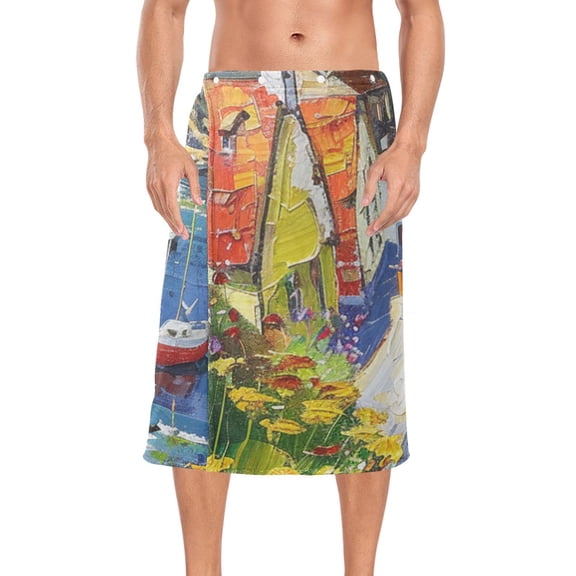 Coastal Village Houses Bath Towel Wrap for Man Adjustable Shower Wrap Button Closure Body Towel for Sauna Gym