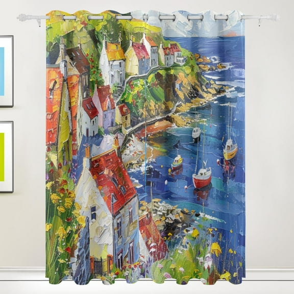 Coastal Village Houses Black Out Curtains 72 Inch Length Curtains for Sliding Glass Doors Bedroom Living Room 2 Pack