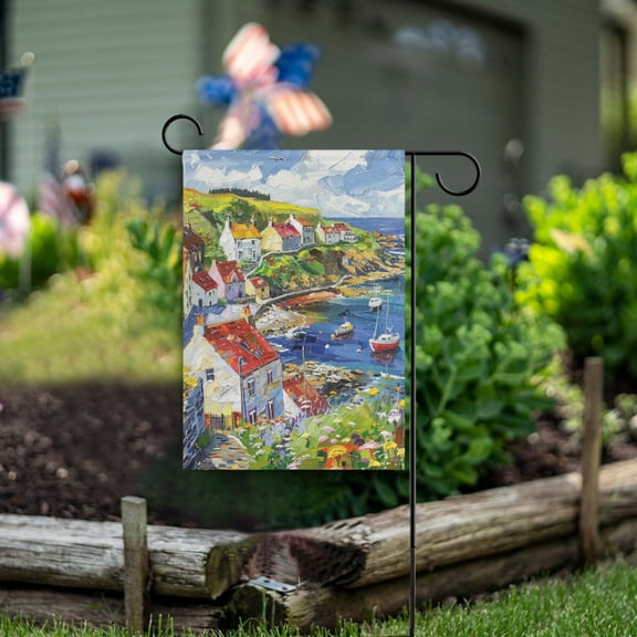 Coastal Village Houses Garden Flag Double Sided Outdoor Banners for Courtyard Outdoor Lawn Farmhouse Holiday Decorations